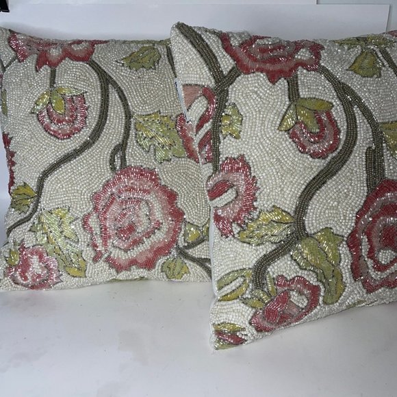 PRIMROSE VINTAGE Set of 2 Floral Pink Rose Beaded 12” Throw Decorative Pillows - Picture 14 of 15